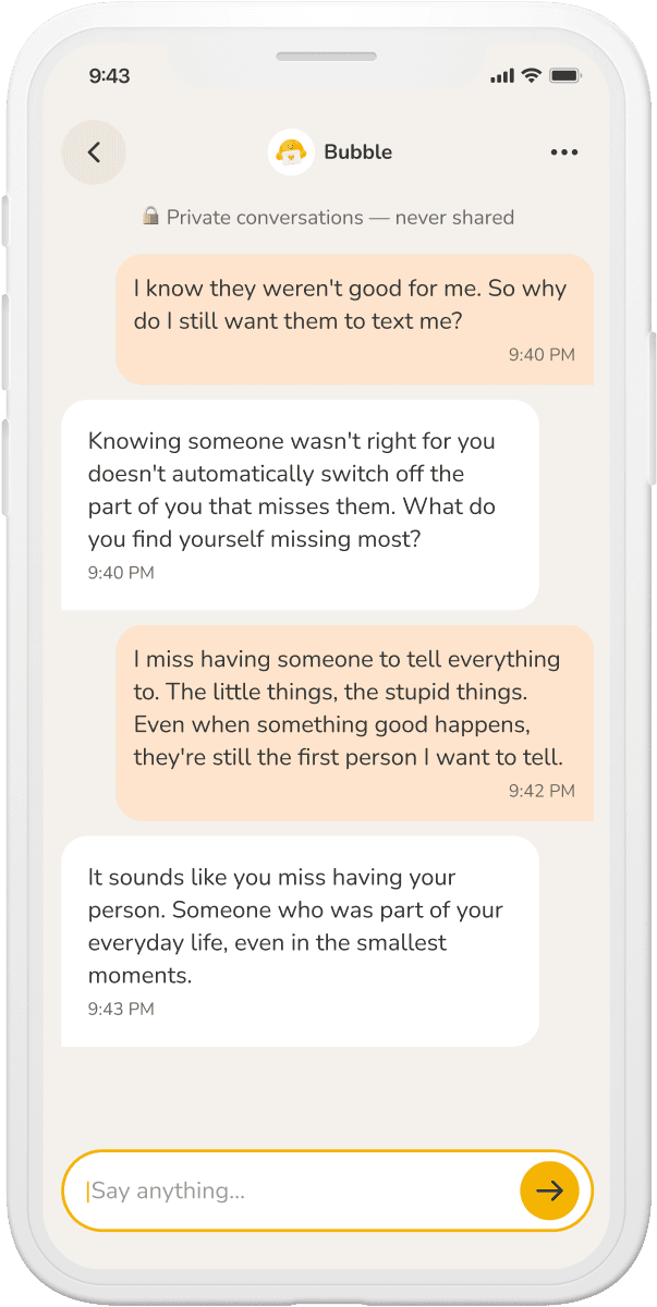Typed conversation with Bubble about missing someone after a relationship ends